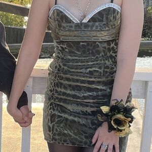 Gold leopard Print Mini Dress with Rhinestones